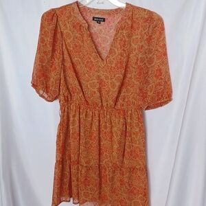 Max + Ash Boho Floral Rust Color Ruffle Dress, Puff Sleeve, Size L, 20"Ptp, 34"L